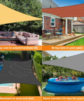 Four images of beige triangle shade sail 8x8x8 feet permeable outdoor sun shade cloth made from HDPE with reinforced stitching and stainless D rings 95% UV block perfect for deck backyard or patio custom sizes available installed over outdoor furniture and areas