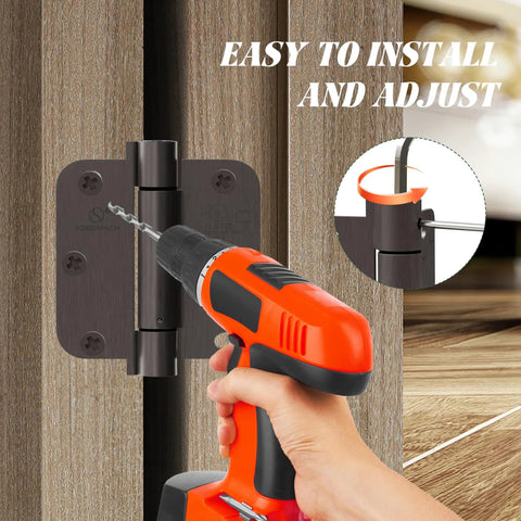 Oil Rubbed Bronze Self-Closing Door Hinge being installed on wooden door, Heavy-Duty 3.5 Inch Auto Closer With 3 1/2 Inch Spring Hinge, 5/8 Inch Radius Corner, Commercial Grade, UL Listed, Adjustable Spring Tension, 2 Pack.