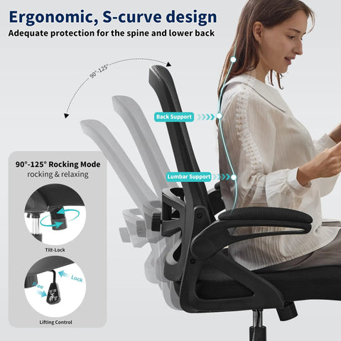 Ergonomic Office Chair With Adjustable Lumbar Support And Breathable Mesh Flip Up Armrests All Day Cozy Comfort For Home Or Office