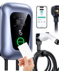 Rock Solid Level 2 Electric Vehicle Charger With Smart App Control, showing 48 Amps, 240 Volt, 24 foot heavy duty cable and display.