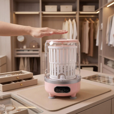 Game Changing Go Anywhere Portable Mini Washing Machine For Socks And Underwear With Hassle Free Cordless Operation Ultra Compact 3 Liter Tank aesthetically displayed on a stylish table.