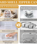 Comparison of Solid 5 Pack Clear Hard Shell Zipper Cases Stackable Storage Pouches showing sturdy vs weak design.