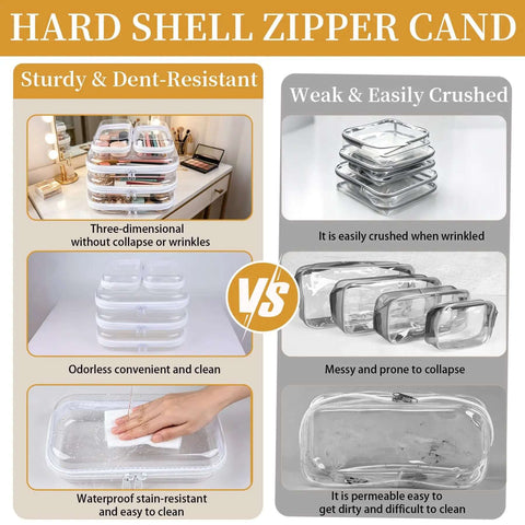 Comparison of Solid 5 Pack Clear Hard Shell Zipper Cases Stackable Storage Pouches showing sturdy vs weak design.