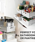 Total Game Changer Slick Sliding Under Sink Organizer With Adjustable Divider And Portable White Baskets For Kitchen Cabinets And Bathroom Vanity No Sweat Storage, showcasing two tiers and organized contents.