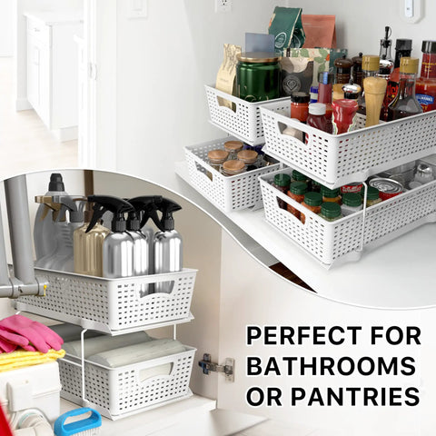 Total Game Changer Slick Sliding Under Sink Organizer With Adjustable Divider And Portable White Baskets For Kitchen Cabinets And Bathroom Vanity No Sweat Storage, showcasing two tiers and organized contents.