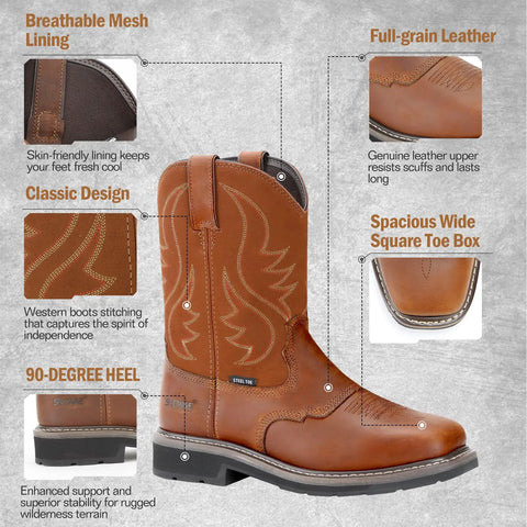 Rugged Steel Toe Cowboy Boots For Men Western Square Toe Work Boot In Full Grain Leather Hazard Protection For Construction Farm And Industrial Jobs Slip Resistant Outsole Size 10.5 Light Brown front view with close-ups of features.