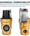 Brass RV water pressure regulator with adjustable knob and filter screen, front and side views.