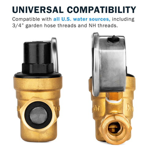 Brass RV water pressure regulator with adjustable knob and filter screen, front and side views.