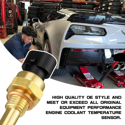 Engine coolant temperature sensor (ECT); gold brass body with black plastic cap, compatible with GM vehicles.