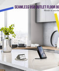 Round Pop-Up Floor Box Kit With 6 Inch Diameter Cover 20A Tamper-Resistant USB Receptacle on kitchen countertop.