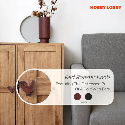 Score That Rustic Look Instantly With This Set Of Two Red Rooster Metal Knobs Made As Top Tier Dresser Pulls And Cabinet Hardware For A Quick Home Makeover You Gonna Totally Love. Red rooster knob on wooden cabinet beside grey chair.