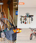 Before and after installation of Wall Mounted Garage Tool Organizer Rack, 48 Inch Adjustable Heavy Duty Storage System for garden tools.