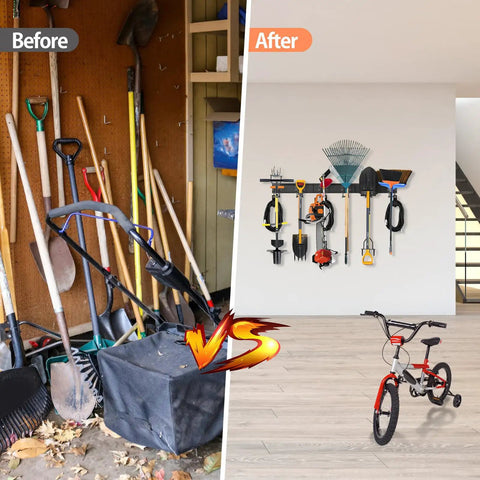 Before and after installation of Wall Mounted Garage Tool Organizer Rack, 48 Inch Adjustable Heavy Duty Storage System for garden tools.