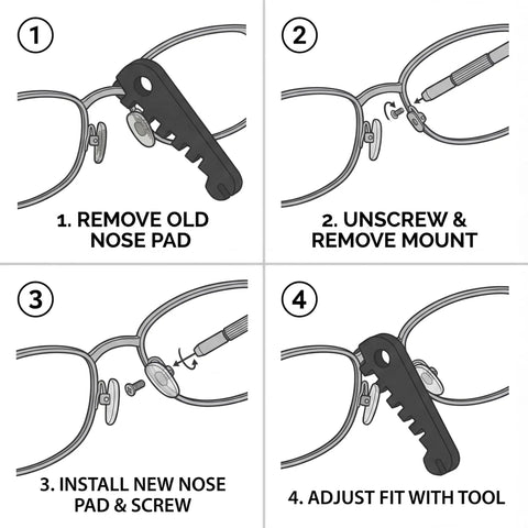 Illustration showing steps to use the All In One Eyeglass Repair Kit With Frame Adjuster Tools Ear Grips Nose Pads And A 3 In 1 Screwdriver.