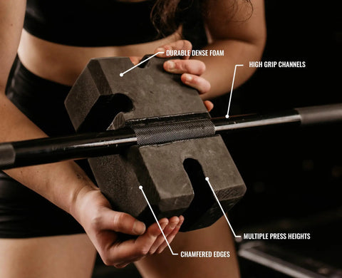 Person holding adjustable bench press blocks, medium density foam with high grip channels, for safe power lifts, gym accessory