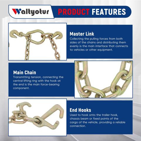 70 Chain Tow Chain Grade V Bridle With RJT Cluster Hooks For Tow Truck Winch Cables And Wrecker Pulls 5 Sixteenth Inch Short Pitch Chain 5400 Lb Working Load Limit 3 Foot Leg Chain Overall Length 3 Foot 9 Inch Beefy Heavy Duty, master link and hooks