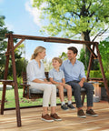 Family sitting on a Three Seat Porch Swing With Stand Outdoor Patio Bench For Garden And Poolside Use With Comfy Cushioned Seat.