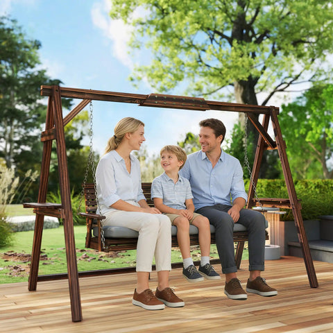Family sitting on a Three Seat Porch Swing With Stand Outdoor Patio Bench For Garden And Poolside Use With Comfy Cushioned Seat.