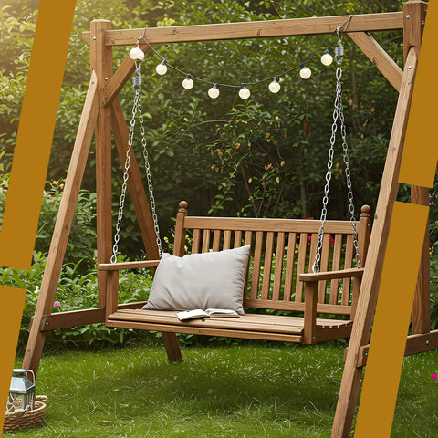 Wooden porch swing with chains hanging securely, showcasing potential use for Six Pack Heavy Duty Swing Springs, 3000 Lbs Capacity
