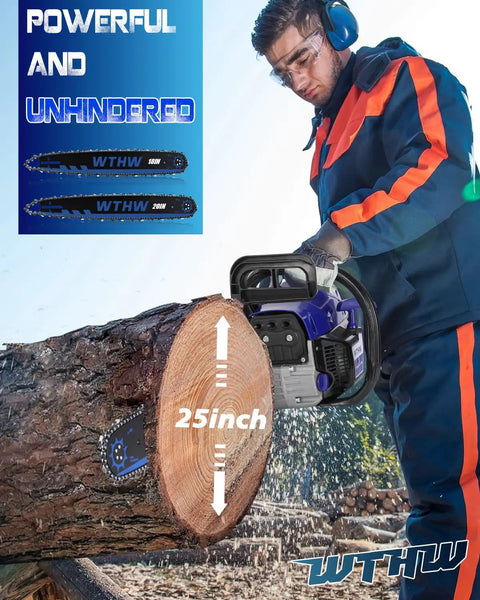 Man using 58cc Gas Powered Chainsaw With 20 Inch And 18 Inch Quick Switch Bars Large 550 Ml Fuel Tank And 260 Ml Oil Tank