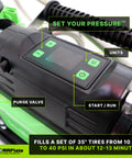 Close-up of FiveSix PSI Pro Auto Shutoff 12V Off Road Air Compressor control panel with buttons and display screen for tire inflation.