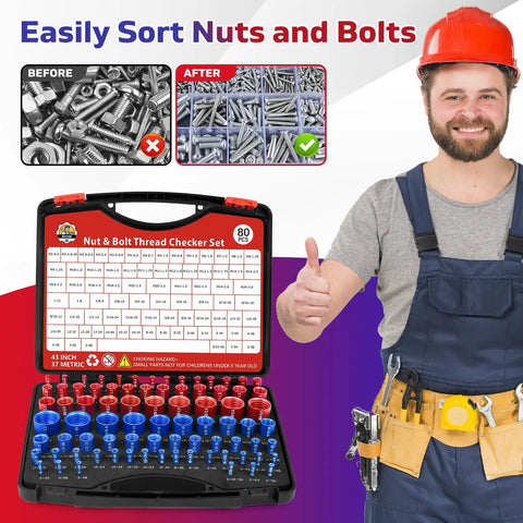 80 Piece Nut And Bolt Thread Checker Set in case with red and blue SAE metric sizes for sorting bolts and nuts