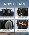 Lightweight Hydration Backpack For Runners With 12L Capacity showing mesh design, trekking pole strap, bladder compartment, net bag