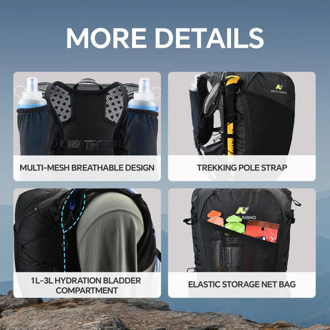 Lightweight Hydration Backpack For Runners With 12L Capacity showing mesh design, trekking pole strap, bladder compartment, net bag