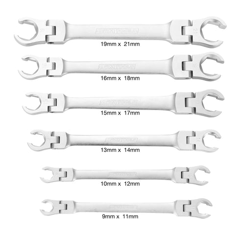 Must Have Six Piece Flex Head Flare Nut Wrench Set With 9mm 10mm 13mm 15mm 16mm 19mm Sizes Pro Grade Chrome Finish Rust Resistant EVA Storage Tray Built For Brake Lines And Hydraulic Fittings A Solid Gift For Auto Techs.
