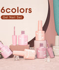 Six Color Hema Free Pink Gel Nail Polish Set With Soak Off Formula Vibrant Light Pink Gel Colors and bottles displayed on table.