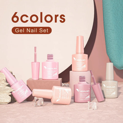 Six Color Hema Free Pink Gel Nail Polish Set With Soak Off Formula Vibrant Light Pink Gel Colors and bottles displayed on table.