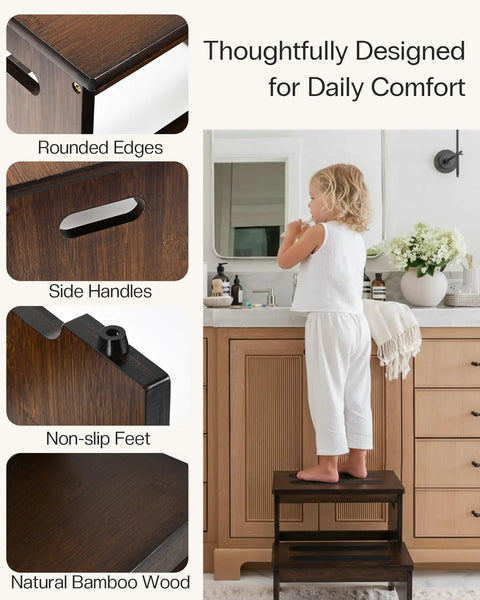 Rock Solid Bamboo Two Step Stool For Adults And Seniors 400 Pound Heavy Duty Workhorse With Non Slip Pads and Extra Wide Standing Platform, featuring rounded edges, side handles, and a child using it.