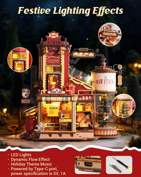 3D Wooden Puzzle Kit For Adults Gift Factory Mechanical Model with music, LED lights, conveyor belts, chimneys, and elves.