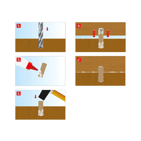 Instructional images showing steps for using Heavy Duty Xxl Wood Dowels 10X40Mm For Furniture Assembly in woodworking projects.