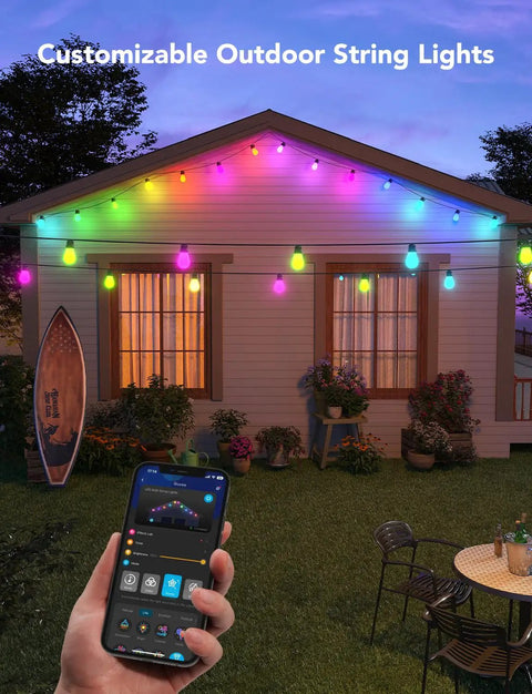 48 Ft RGBIC Outdoor String Lights With 15 Dimmable LEDs IP65 Waterproof on house with app control and colorful glow