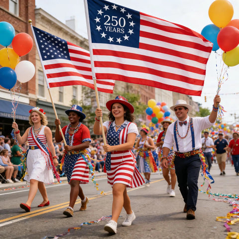 People marching with the Huge 3x5 Ft Double Sided American Flag For 250th Anniversary 1776-2026 Outdoor Banner in a parade.