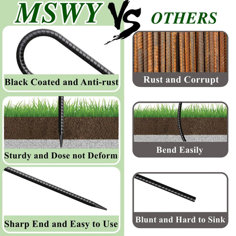 Comparison of rebar stakes showing black-coated anti-rust 12 Inch Rebar Stakes 20 Pack J Hook Ground Stakes vs rusted alternatives.