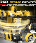 Yellow transforming remote control car for kids with robot style design, 360-degree rotation feature in action, durable and fun.
