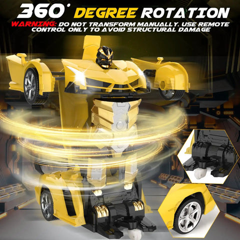 Yellow transforming remote control car for kids with robot style design, 360-degree rotation feature in action, durable and fun.