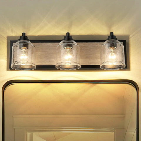 Three-Light Bathroom Vanity Light 23 Inch Large Fixture With Bubble Glass Shades, Farmhouse Rustic Gray Over Mirror Bath Lighting