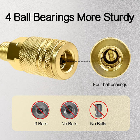 Two-pack brass 1/4 in NPT M-style air couplers; high-flow quick-connect with visible four-ball bearings