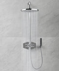 Wall-mounted showerhead and hose with flowing water in modern bathroom setting