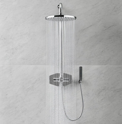 Wall-mounted showerhead and hose with flowing water in modern bathroom setting
