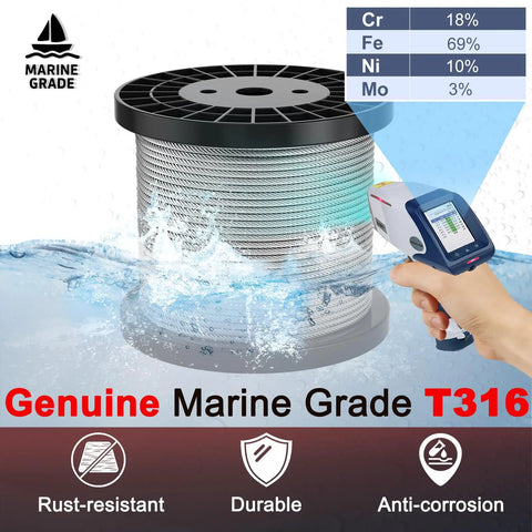 Marine Grade Stainless Steel Cable For Deck Railing And Fence Systems, 220 Feet Long, One Eighth Inch 7x7 Wire Rope With Cutter