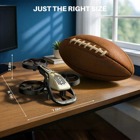 Epic Kids RC Helicopter With 360 Degree Propeller Protection, Altitude Hold And Gyro Stabilization next to a football for scale