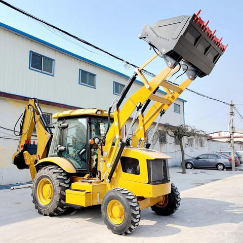 Beefy 4WD Backhoe Loader With 2.8 Meter Digging Depth, yellow digger machine in action at construction site