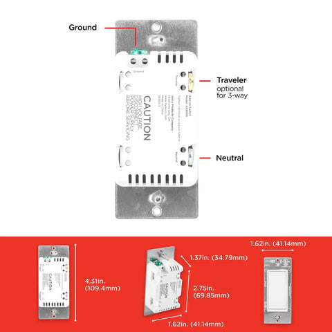 Add-On In-Wall White Rocker Paddle Switch For Z-Wave And ZigBee Wireless Smart Lighting Controls, dimensions guide