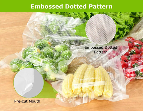 Pro Grade Vacuum Sealer Bags Set For Quick Meal Prep And Sous Vide, 150 count in use with vegetables and embossed pattern visible