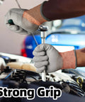 Twelve Pairs ANSI A5 Cut Resistant Work Gloves With PU Coating For Metal Fabrication Woodworking And Construction Non Slip Grip Durable Medium Size Ideal For Heavy Duty Projects And Daily Tasks shown gripping a wrench in automotive work