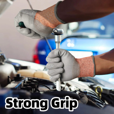 Twelve Pairs ANSI A5 Cut Resistant Work Gloves With PU Coating For Metal Fabrication Woodworking And Construction Non Slip Grip Durable Medium Size Ideal For Heavy Duty Projects And Daily Tasks shown gripping a wrench in automotive work